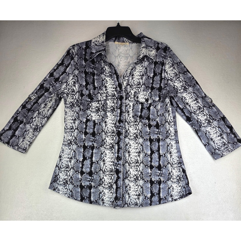 Don't Stop Believing Womens Snakeskin Print Button Up Shirt Grey Black Small